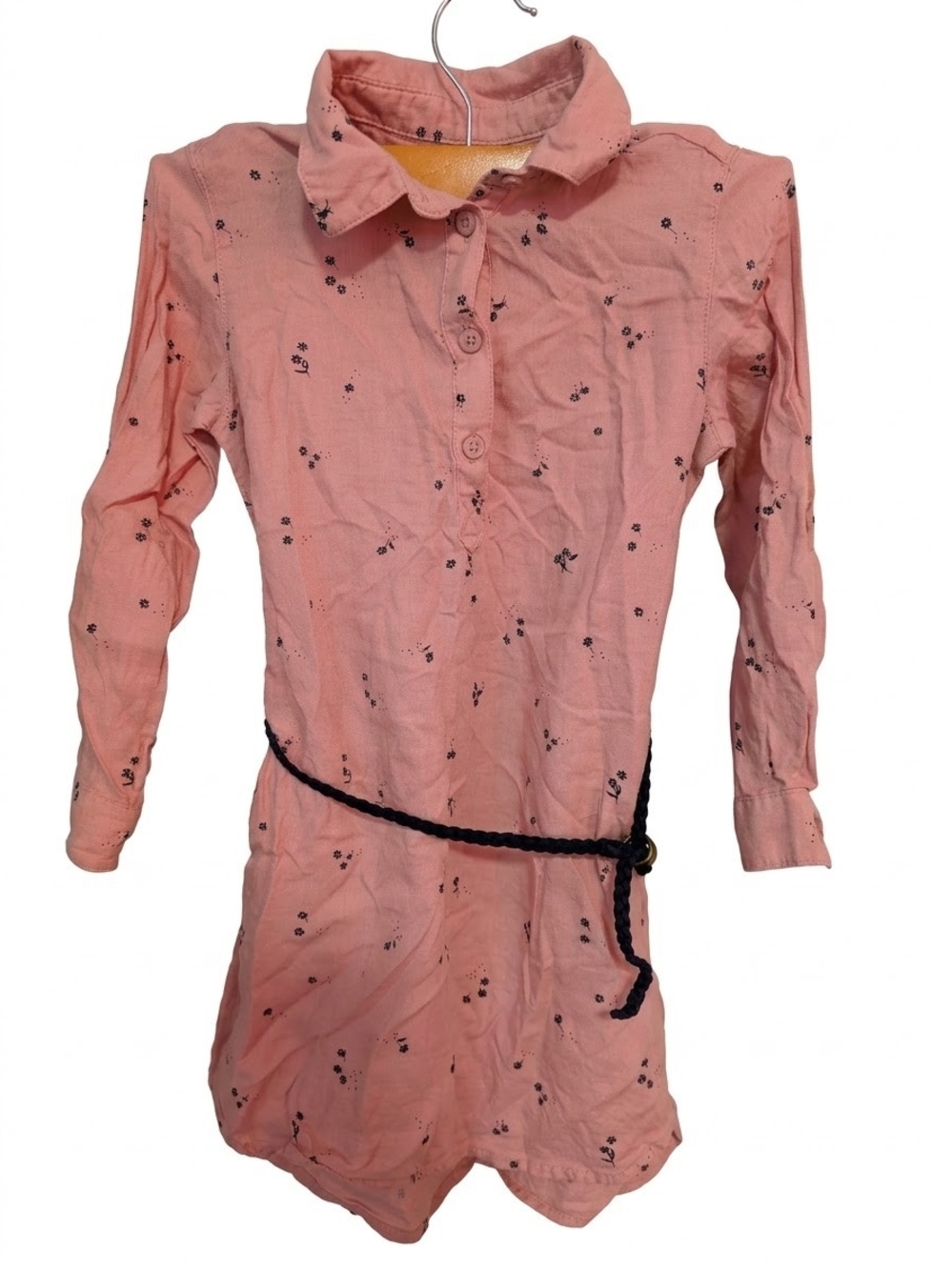 Girls' Pink Floral Shirt Dress with Braided Belt